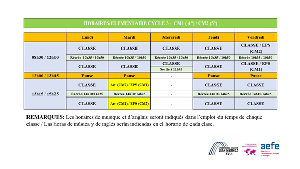 horaires cycle3